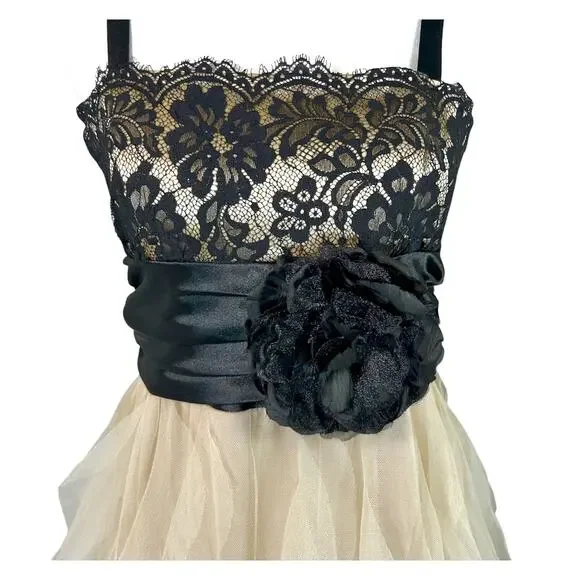 Romantic Goth Evening Empire Gown Black Lace Tiered Tulle Rosette Formal 5/6 - Picture 3 of 14